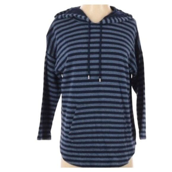 Chaps Striped Hooded Pullover Sweatshirt M 100% Cotton Navy & Light Blue - Picture 2 of 10